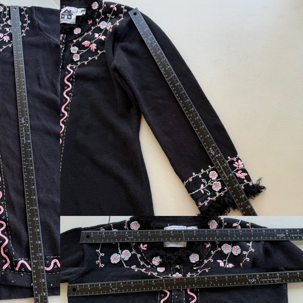 Storybook Knits Vintage M Black Floral Beads Fringe Cardigan Sweater Cottagecore - Picture 14 of 16